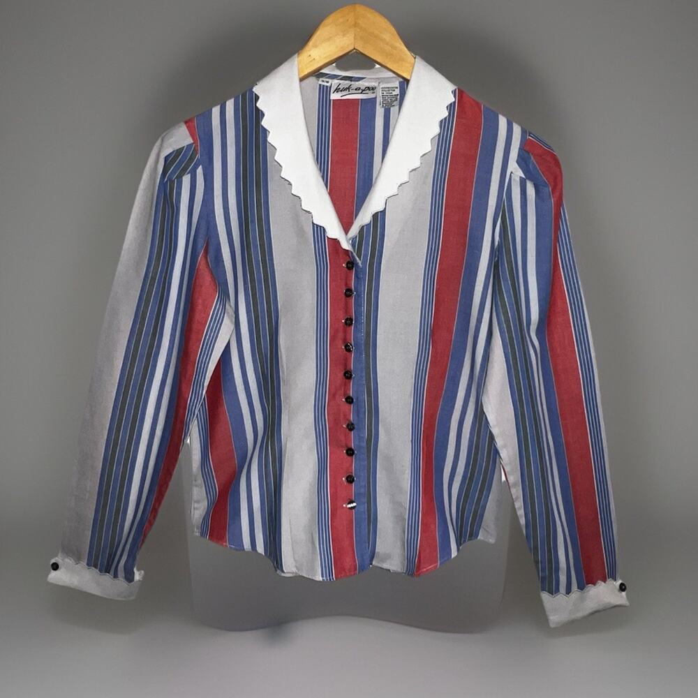 VTG huk‑a‑poo Gray Red Blue Black Stripe Blouse 70s Scallop Collar Cuffs S Retro